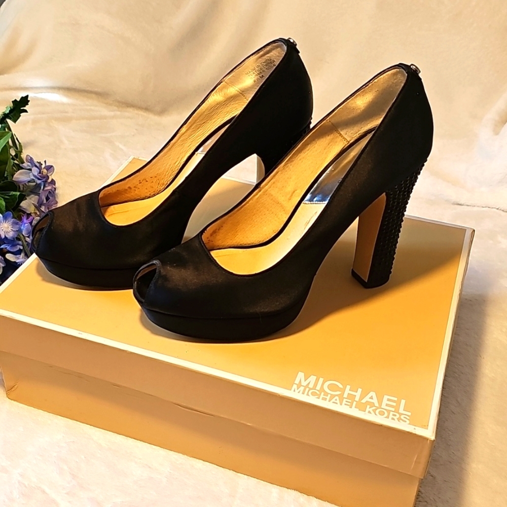MICHAEL Michael Kors Black Satin Peep-Toe Platform Pumps